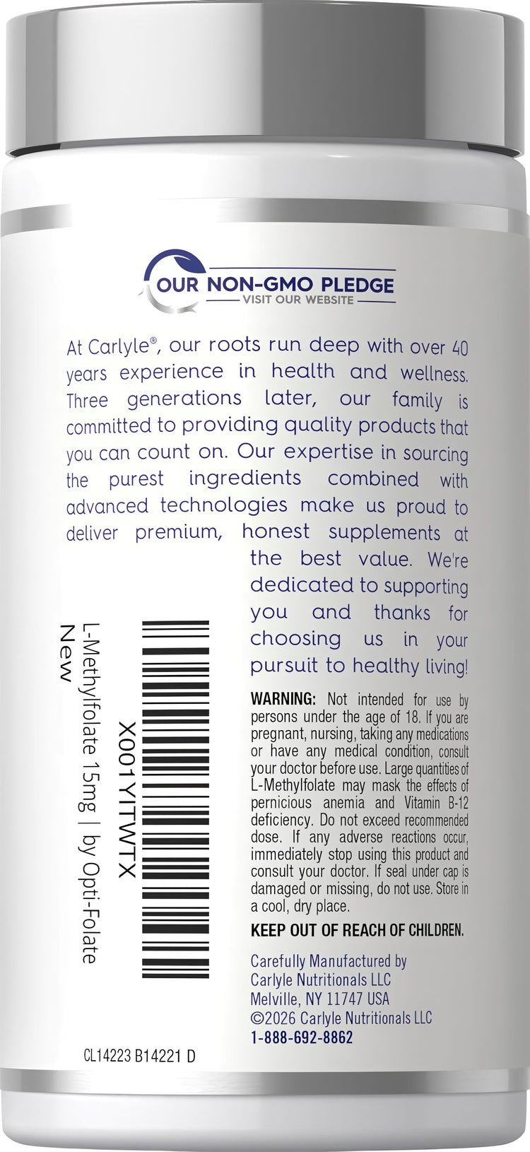 This is a bottle of L-Methylfolate 15 mg with 120 capsules featuring the 'Our Non-GMO Pledge' logo.