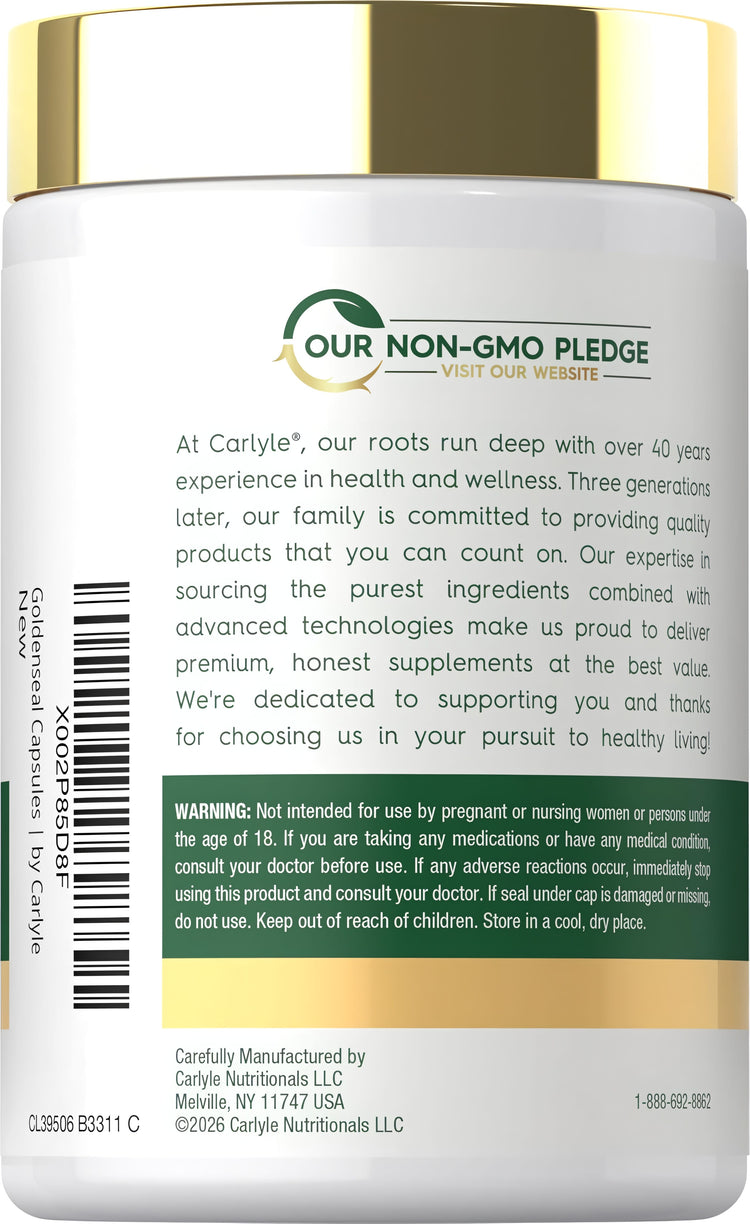 Carlyle Goldenseal Root supplement, 1000 mg, contains 200 capsules.
