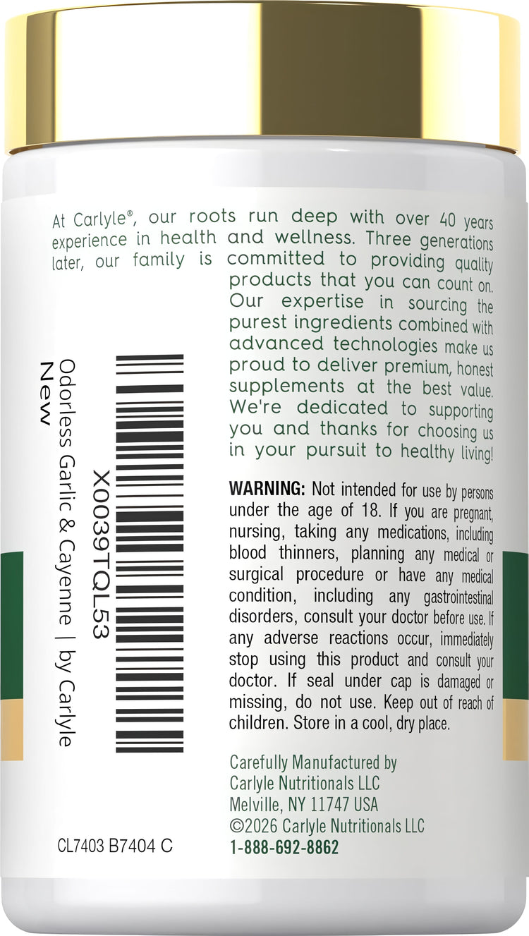 Carlyle New Odorless Garlic & Cayenne, 1150 mg, 200 softgels bottle.