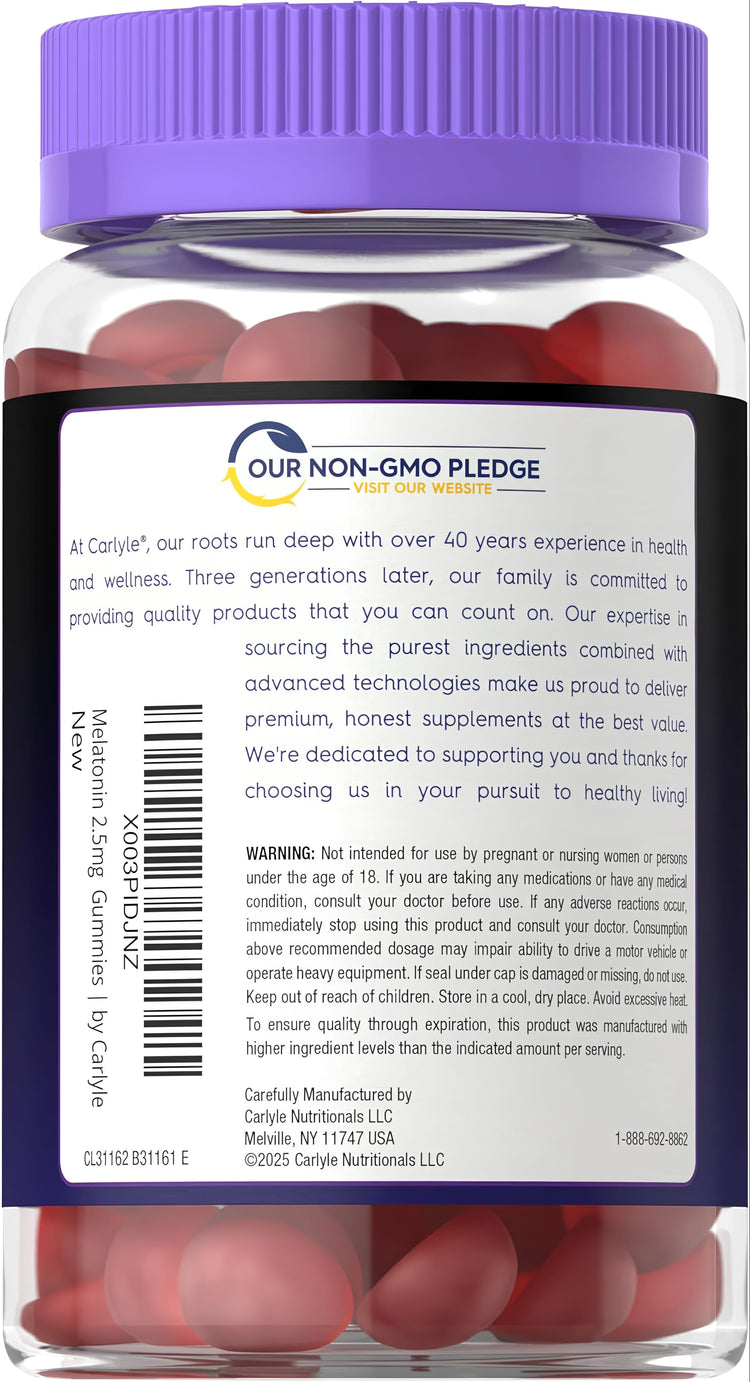 Carlyle Melatonin 2.5 mg bottle contains 90 red gummies, visible inside the container.