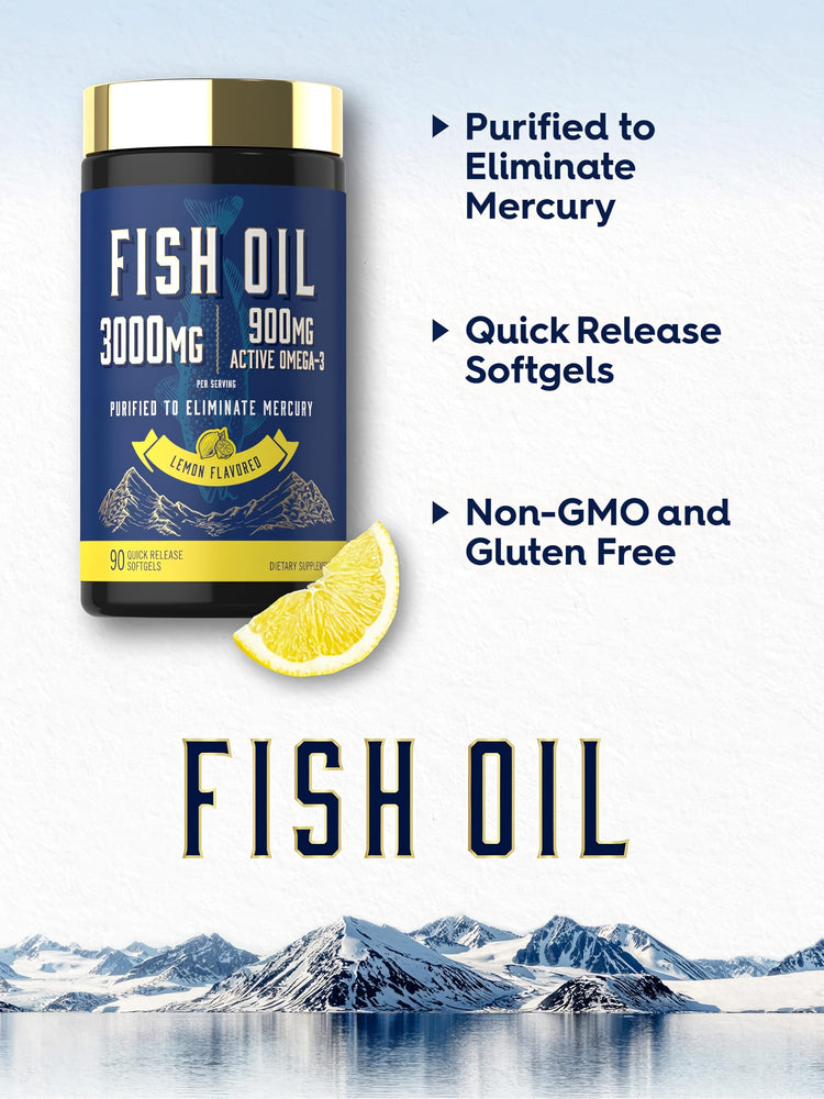 Product highlights graphic stating Purified to Eliminate Mercury, Quick Release Softgels, Non-GMO, and Gluten Free features.