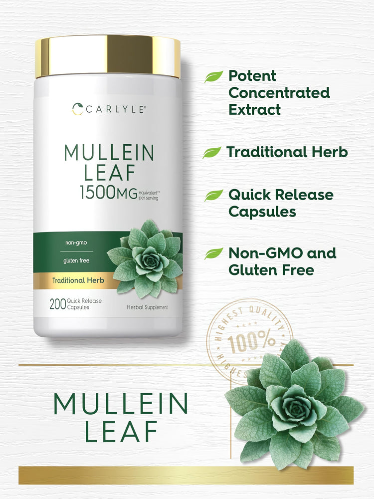 Carlyle Mullein Leaf capsules: 1500MG per serving, 200 Quick Release, non-GMO, gluten-free herbal supplement.
