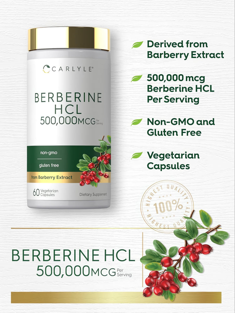 Carlyle Berberine HCL 500,000 mcg, 60 Vegetarian Capsules, Non-GMO, Gluten Free, made from Barberry Extract.