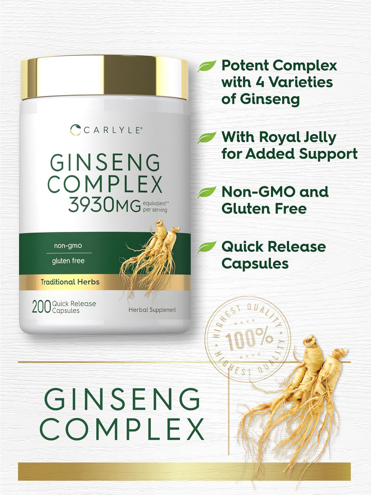 Product highlights graphic stating Potent Complex with 4 Ginseng Varieties, Royal Jelly for support, Non-GMO & Gluten-Free, Quick Release Capsules