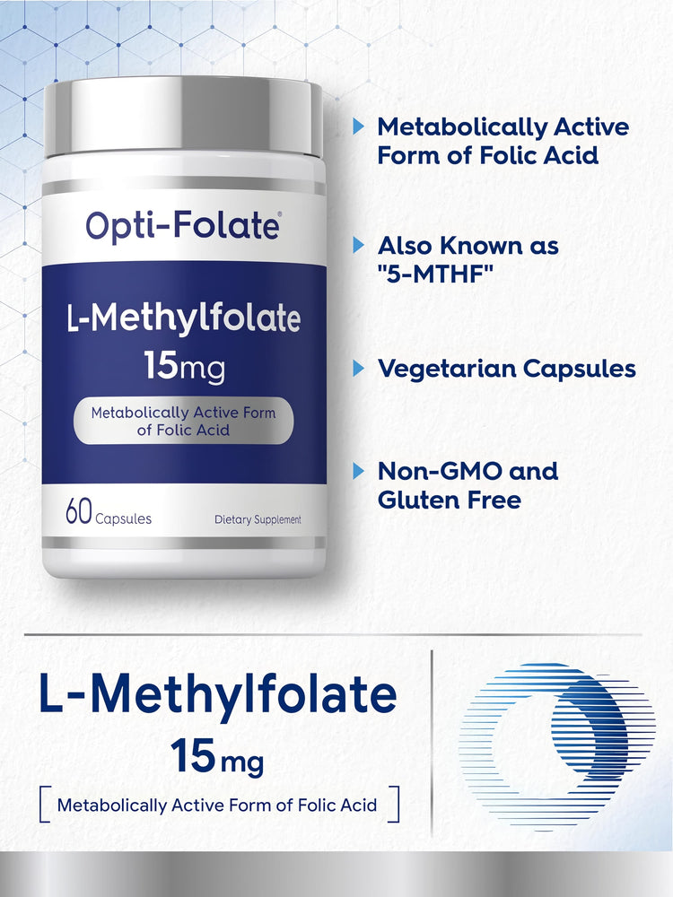 Product highlights graphic stating Metabolically Active Form of Folic Acid, Also Known as '5-MTHF', Vegetarian Capsules, Non-GMO, Gluten Free.