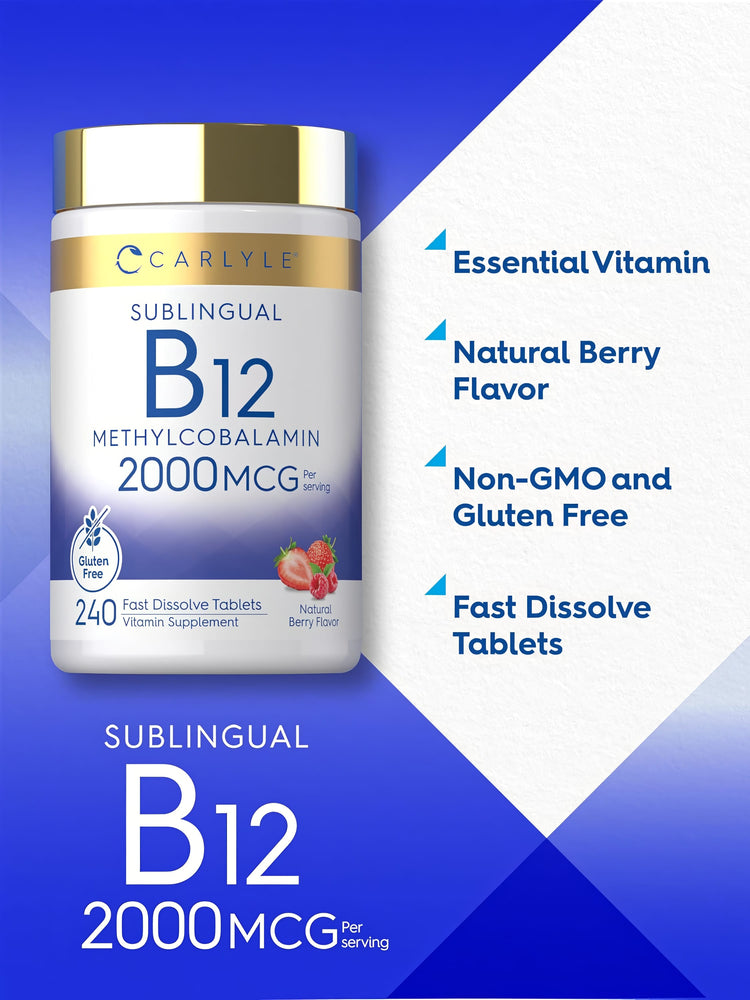 Product highlights graphic stating Essential Vitamin, Natural Berry Flavor, Non-GMO, Gluten Free, Fast Dissolve Tablets.