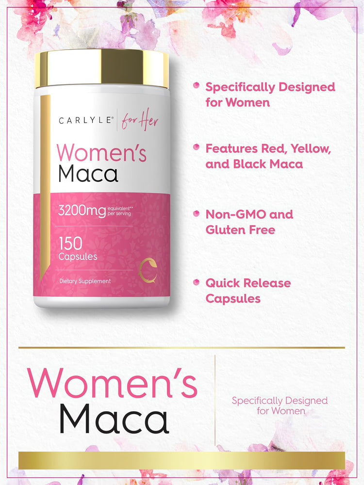 Carlyle Women's Maca 3200mg, 150 Capsules. Formulated for women, features Red, Yellow, Black Maca. Non-GMO & Gluten Free.