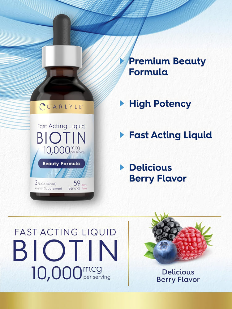 Product highlights graphic stating Premium Beauty Formula, High Potency, Fast Acting Liquid, Delicious Berry Flavor.