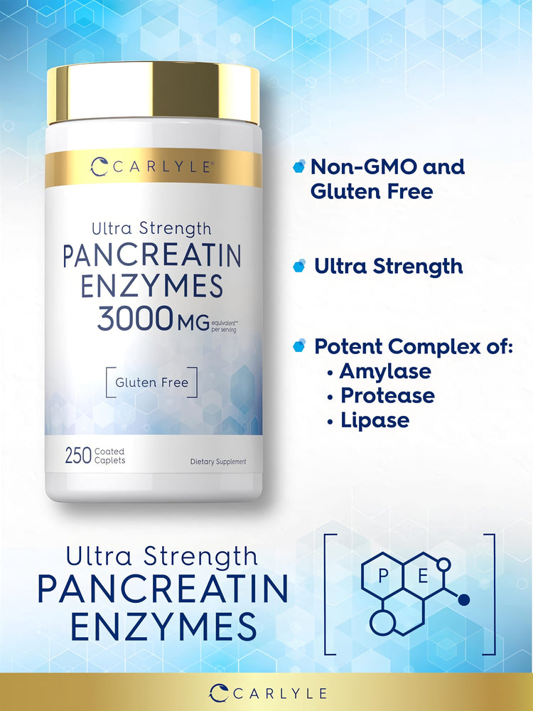 Product highlights graphic stating Non-GMO and Gluten Free, Ultra Strength, Potent Complex of: Amylase, Protease, Lipase.