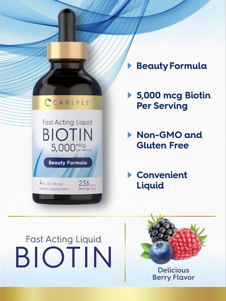 Product highlights graphic stating Beauty Formula, 5,000 mcg Biotin Per Serving, Non-GMO and Gluten Free, Convenient Liquid.
