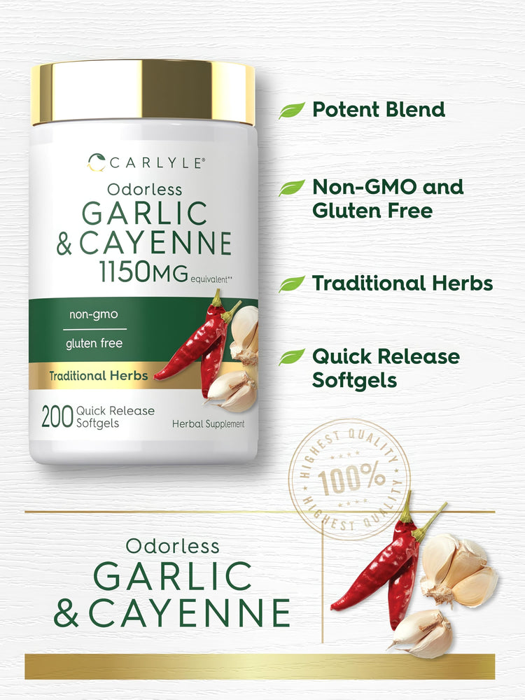 Product highlights graphic stating Potent Blend, Non-GMO and Gluten Free, Traditional Herbs, Quick Release Softgels.