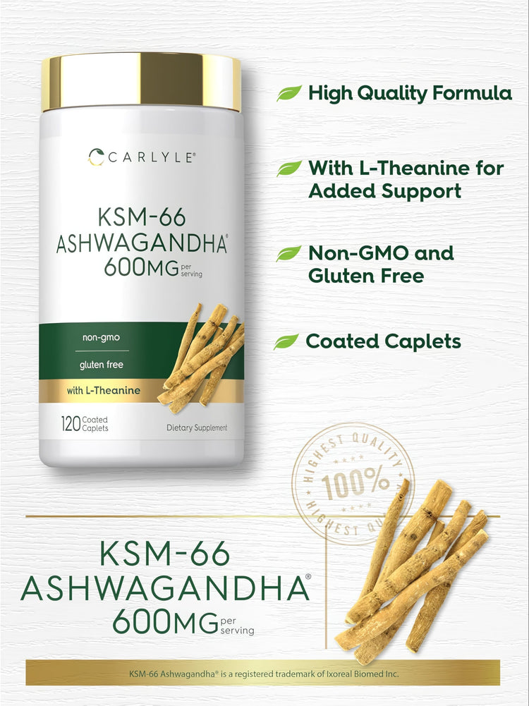 Carlyle KSM-66 Ashwagandha supplement, 600 mg, 120 coated caplets shown in the product image.