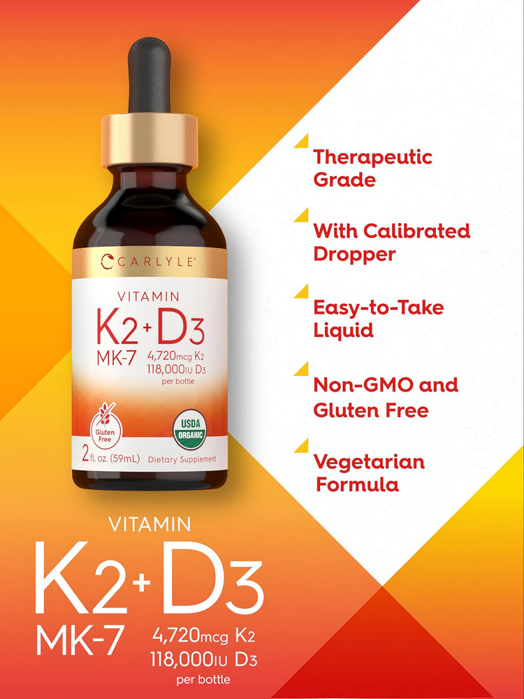 Carlyle Vitamin K2 + D3 MK-7 liquid, 4,720mcg K2, 118,000iu D3, 2 fl. oz. Dietary Supplement, Gluten Free, USDA Organic.