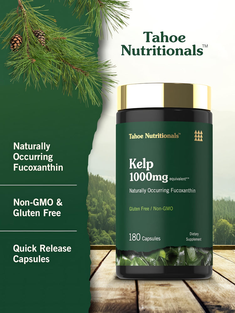 Product highlights graphic stating Naturally Occurring Fucoxanthin, Non-GMO & Gluten Free, with Quick Release Capsules.