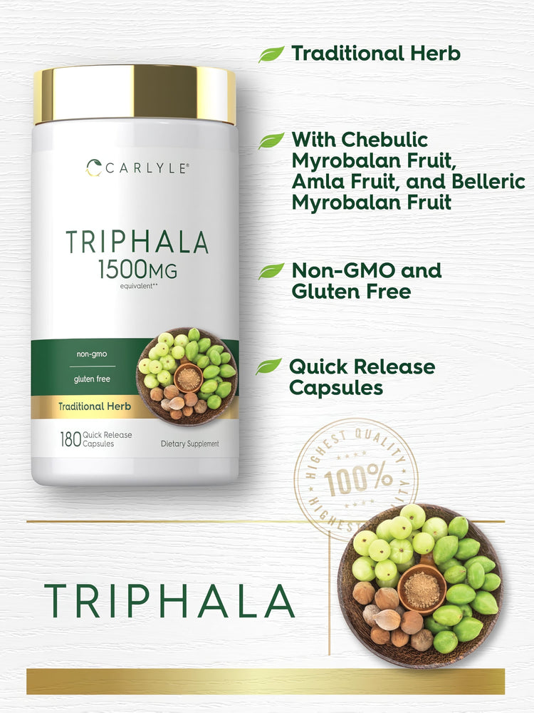 Product highlights graphic stating Traditional Herb with Chebulic, Amla, Belleric Myrobalan Fruits, Non-GMO, Gluten Free Capsules.