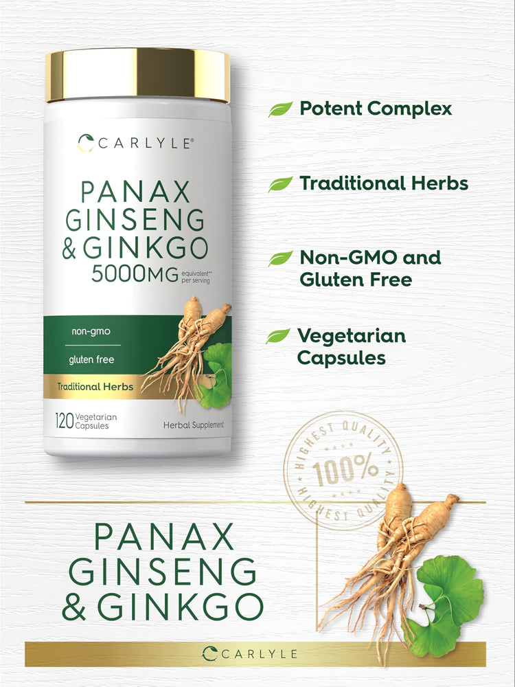Panax Ginseng and Ginkgo supplement with 5000mg equivalent per serving, 120 vegetarian capsules.