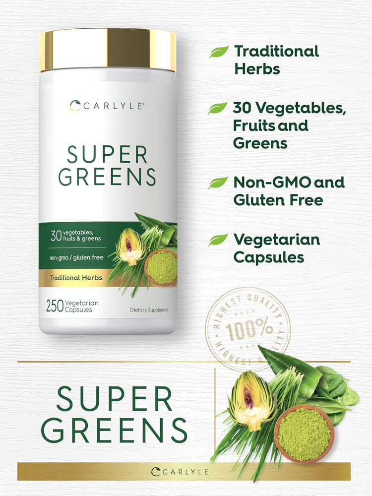 Carlyle Super Greens 250 Vegetarian Capsules with 30 vegetables, fruits, greens, and traditional herbs. Non-GMO and gluten-free.