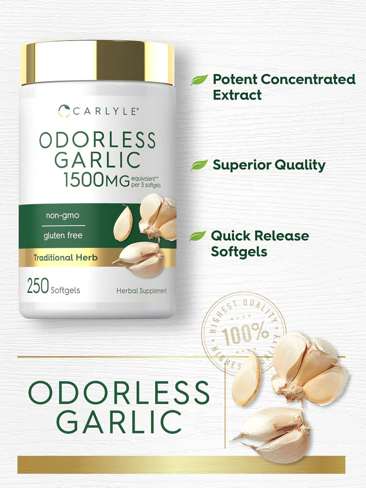 Carlyle Odorless Garlic contains 1500mg equivalent per 3 softgels, available in a bottle of 250 softgels.