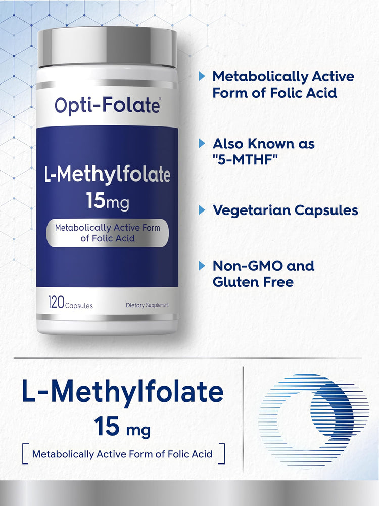 Product highlights graphic stating Metabolically Active Form of Folic Acid, Also Known as '5-MTHF', Vegetarian Capsules, Non-GMO, Gluten Free.