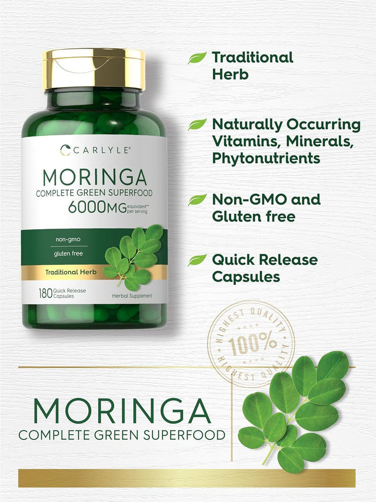 Product highlights graphic stating Traditional Herb, Naturally Occurring Vitamins, Minerals, Phytonutrients, Non-GMO and Gluten free, Quick Release Capsules
