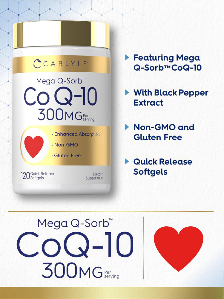 Mega Q-Sorb CoQ-10 300MG per serving, 120 quick release softgels.