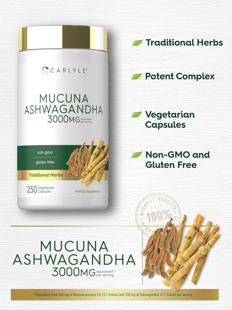 Mucuna con Ashwagandha 3000 mg por porción | 250 Cápsulas