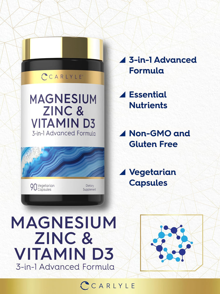 Product highlights graphic stating 3-in-1 Advanced Formula, Essential Nutrients, Non-GMO, Gluten Free, Vegetarian Capsules.