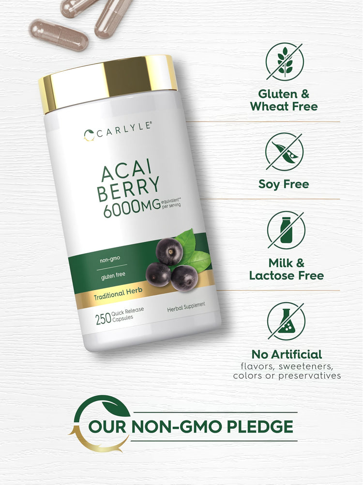 Carlyle Acai Berry 6000mg per serving, 250 Quick Release Capsules herbal supplement in a clear bottle.