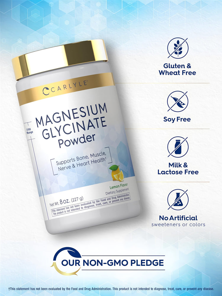 Magnesium Glycinate Powder bottle with icons indicating gluten-free, soy-free, lactose-free, no artificial additives, non-GMO.