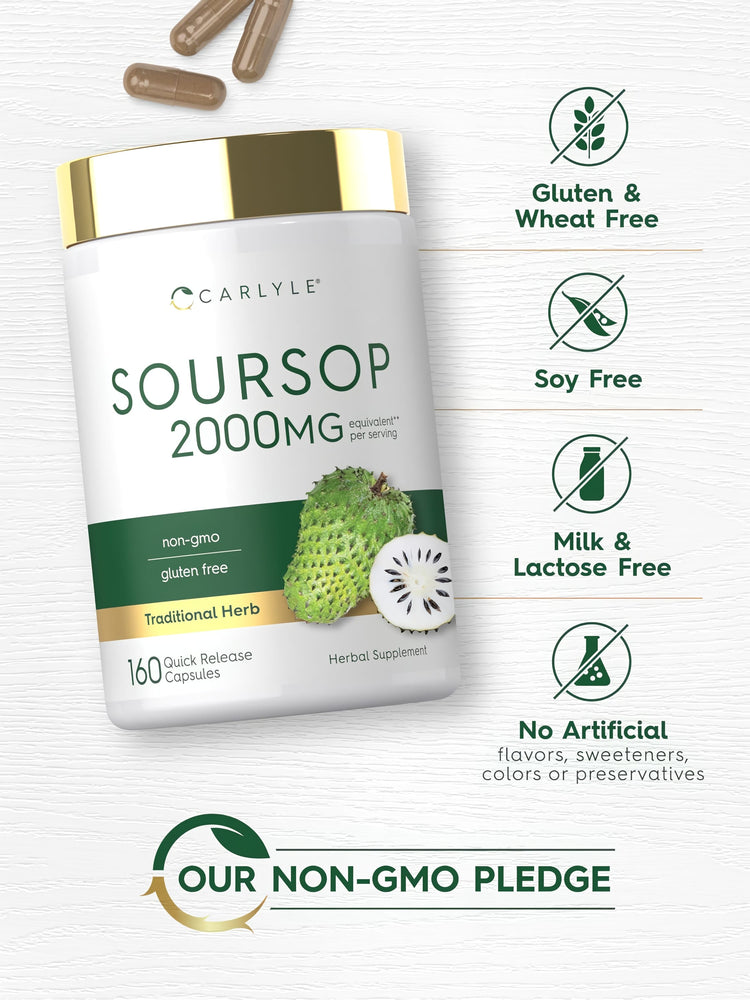 Soursop bottle showing it's gluten, wheat, soy, milk, lactose free, with no artificial flavors, sweeteners, colors, or preservatives.