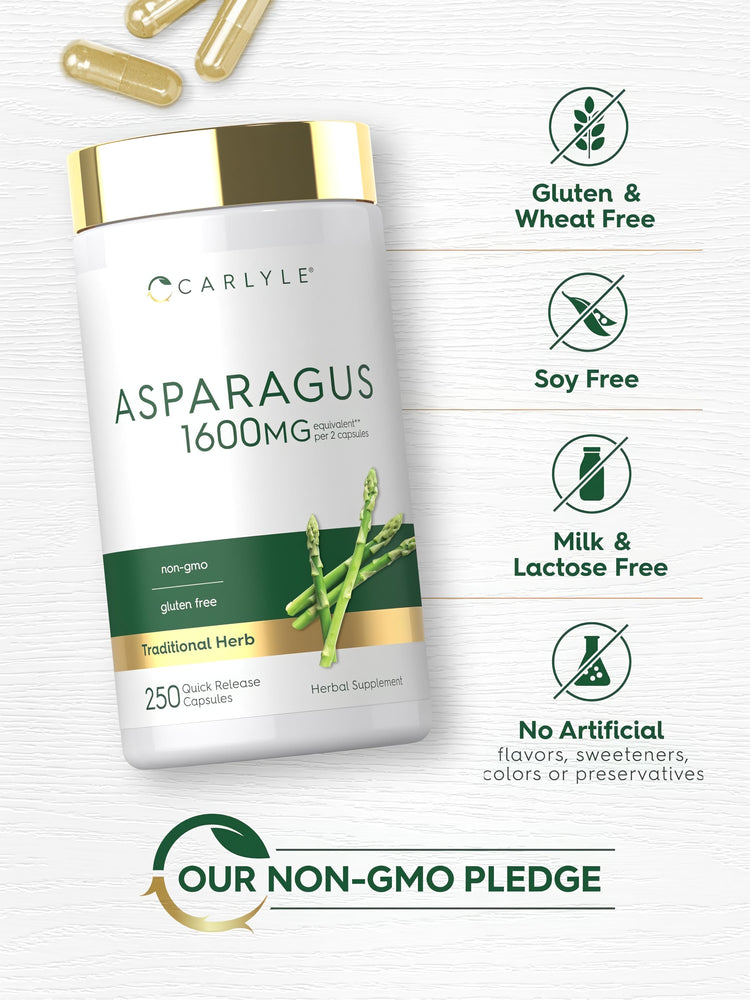 Bottle of 250 Quick Release Capsules, Asparagus 1600 mg per 2 Capsules, labeled non-GMO and gluten free.