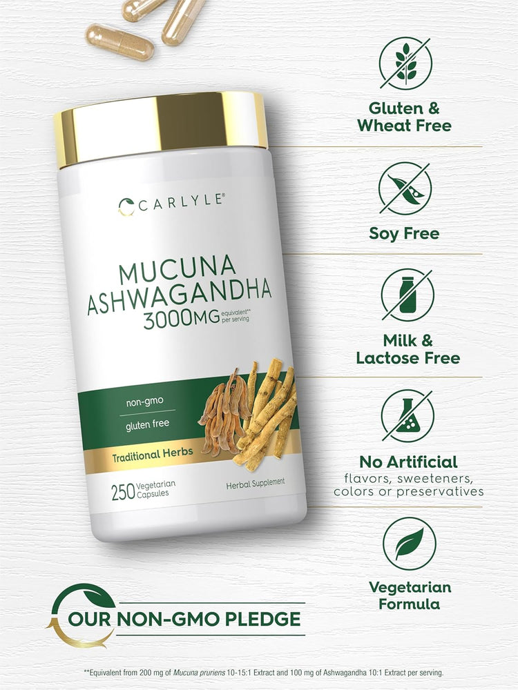 Mucuna con Ashwagandha 3000 mg por porción | 250 Cápsulas