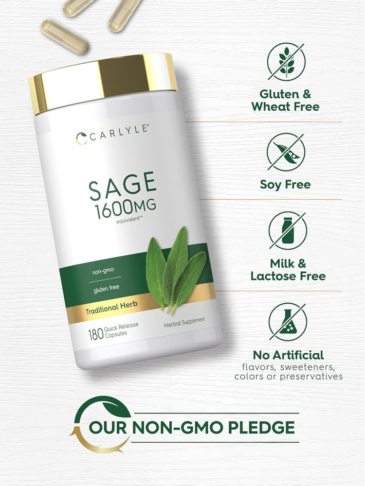 Sage bottle with icons indicating Gluten & Wheat Free, Soy Free, Milk & Lactose Free, No Artificial Flavors/Sweeteners/Colors/Preservatives, Non-GMO.