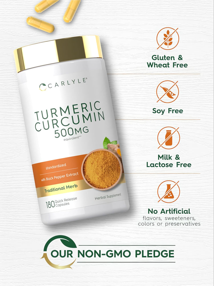 Carlyle Turmeric Curcumin 500 MG with Black Pepper Extract, 180 Quick Release Capsules, Herbal Supplement.