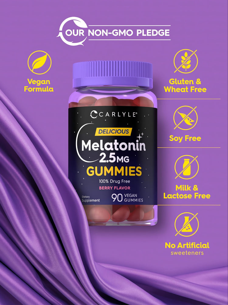 Carlyle Melatonin 2.5MG Berry Flavor Vegan Gummies. 90 count. Non-GMO, 100% drug-free, dietary supplement.
