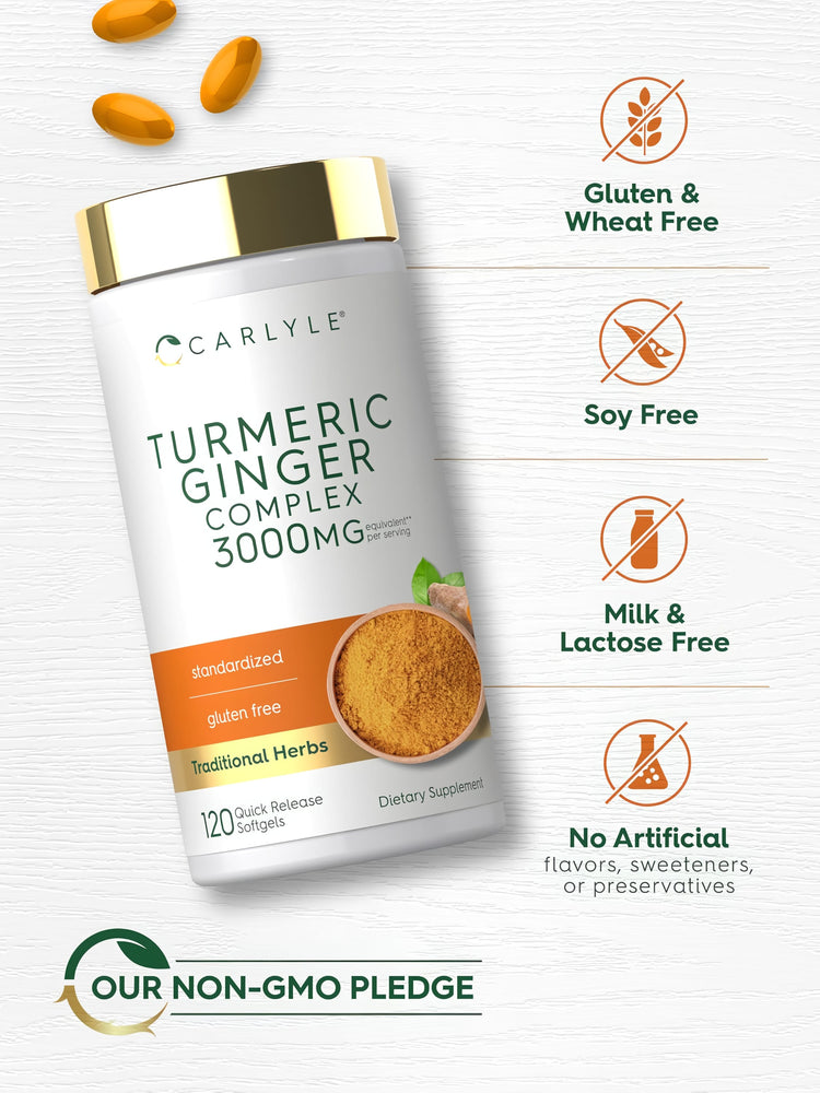 Turmeric Ginger Complex bottle with icons indicating gluten/wheat free, soy free, milk/lactose free, no artificial ingredients, non-GMO.