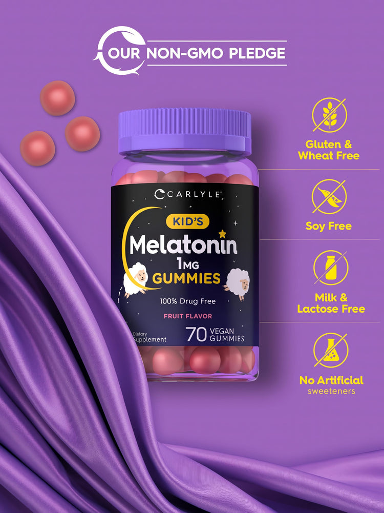 Kids Melatonin Gummies bottle with icons indicating Non-GMO, Gluten-Free, Soy-Free, Milk-Free, No Artificial Sweeteners.
