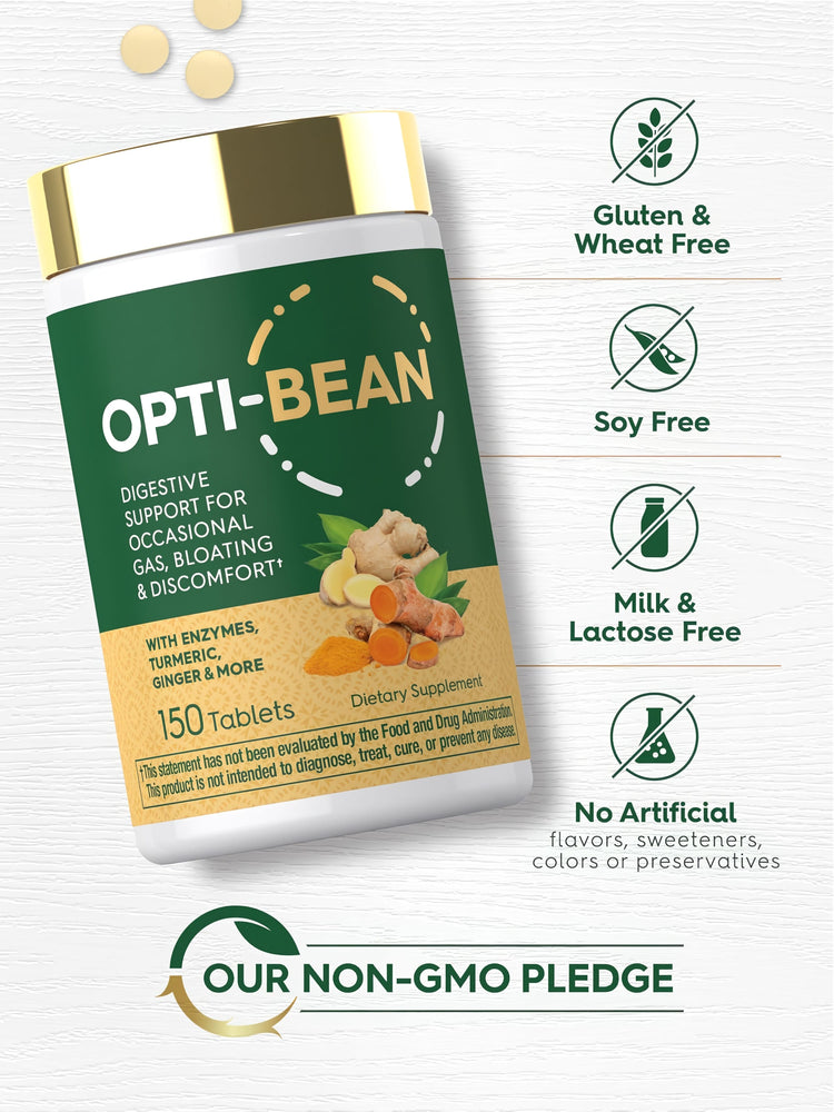 Opti-Bean bottle with icons indicating Gluten & Wheat Free, Soy Free, Milk & Lactose Free, No Artificial Additives, Non-GMO.