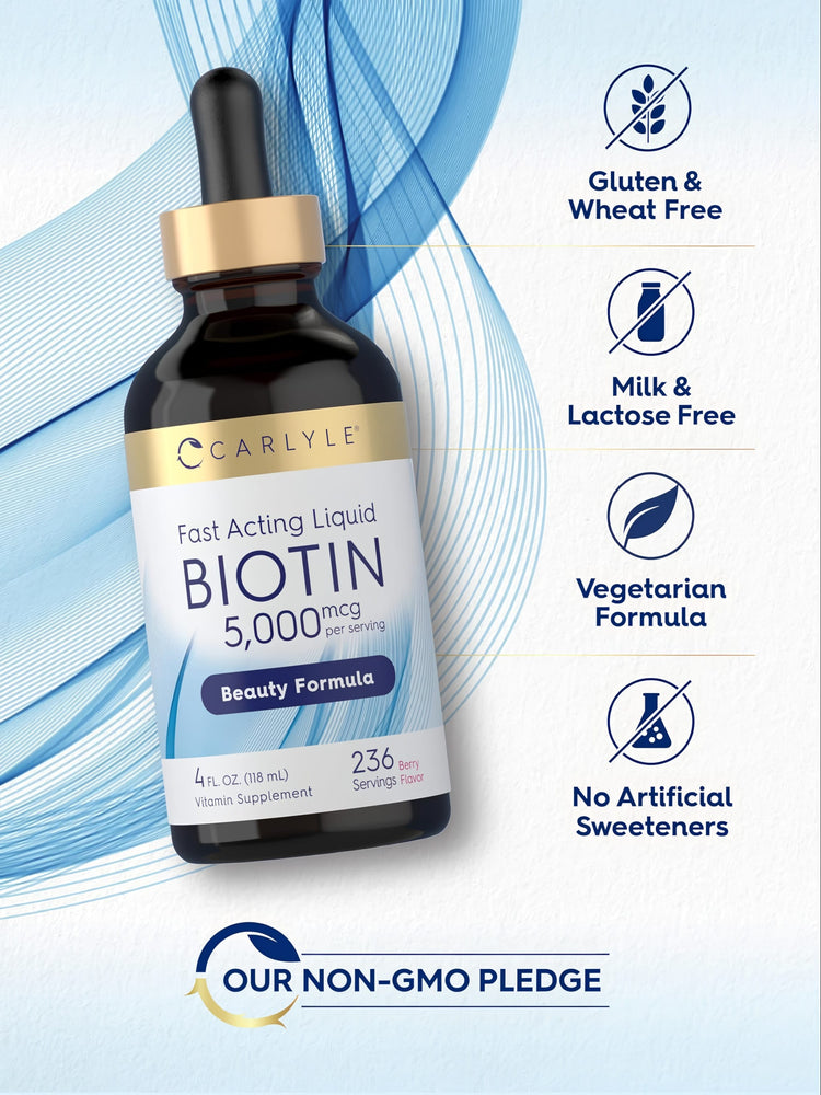 Carlyle Fast Acting Liquid Biotin 5,000 mcg per serving, Beauty Formula, 4 fl oz (118 mL) Vitamin Supplement, Berry Flavor.