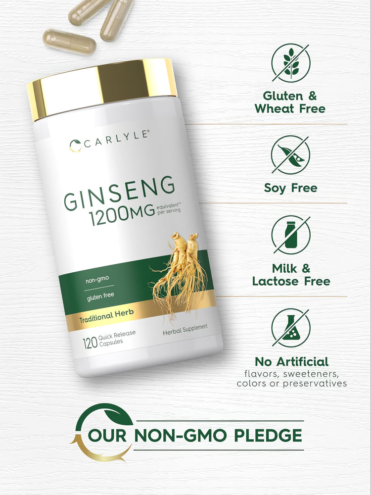 Carlyle Ginseng 1200mg equivalent per serving 120 Quick Release Capsules, non-GMO, gluten free, Traditional Herbal Supplement.