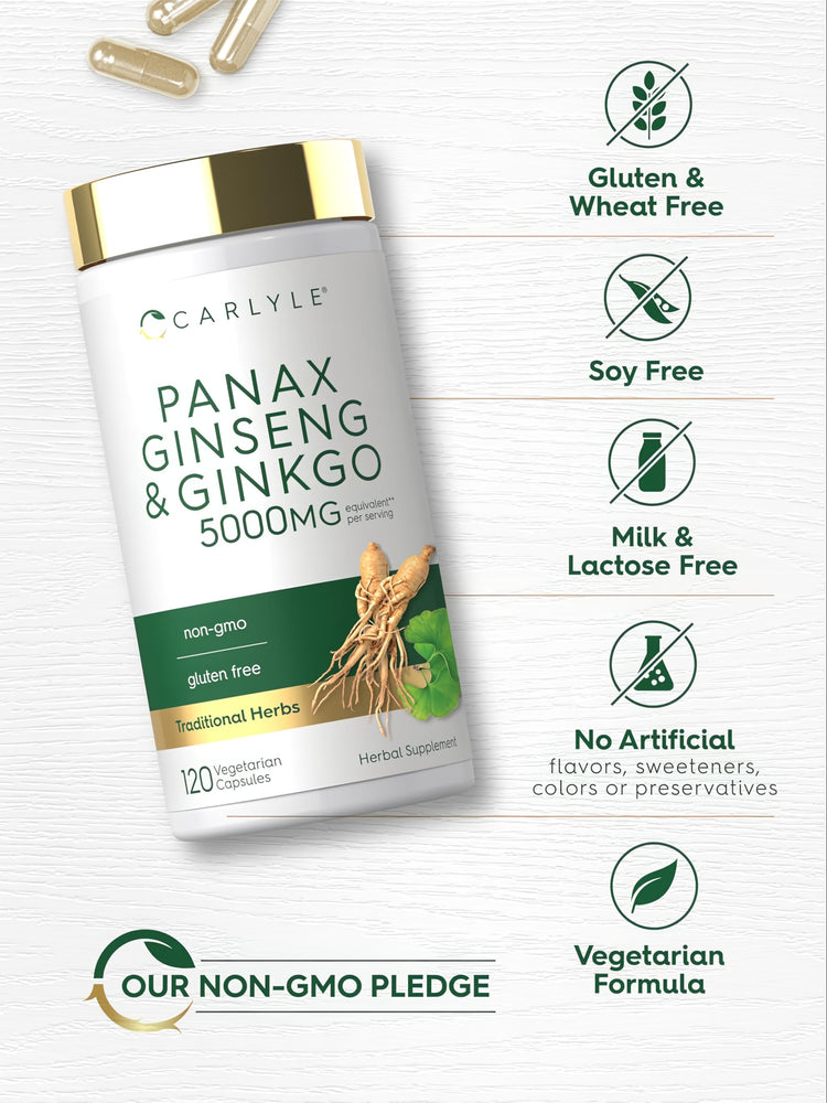 Ginseng Ginkgo bottle: Gluten & Wheat Free, Soy Free, Milk & Lactose Free, No Artificial Flavors/Sweeteners/Colors/Preservatives, Vegetarian Formula, Non-GMO