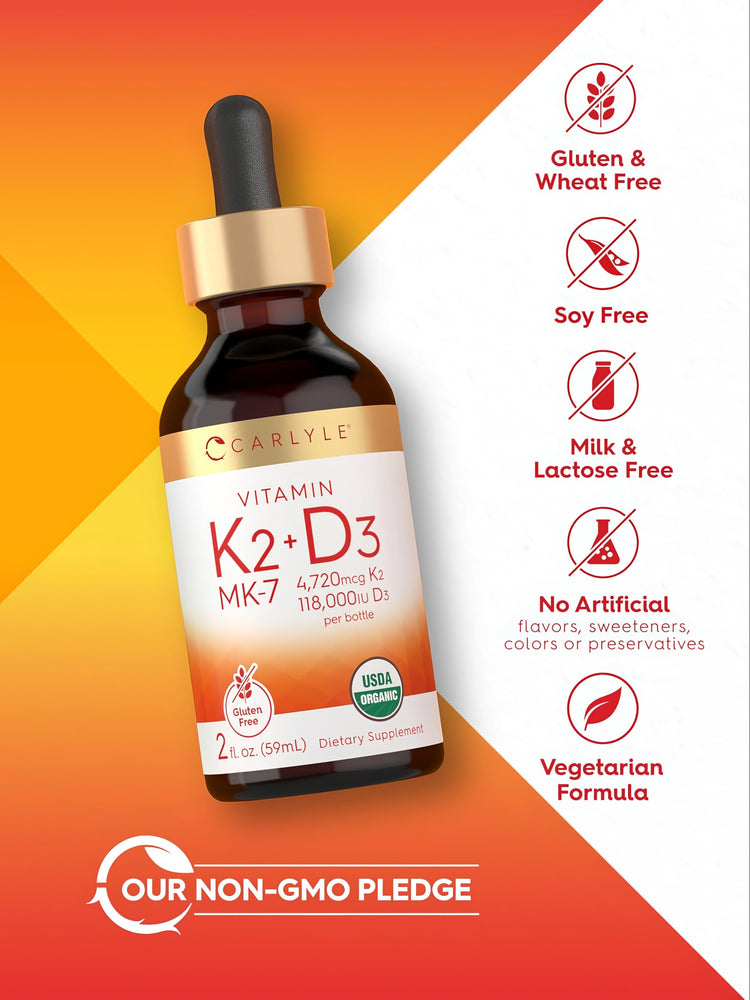 Carlyle Vitamin K2 and D3 MK-7 liquid, 4,720mcg K2, 118,000IU D3 per 2 fl oz (59mL) bottle. Gluten Free, USDA Organic.