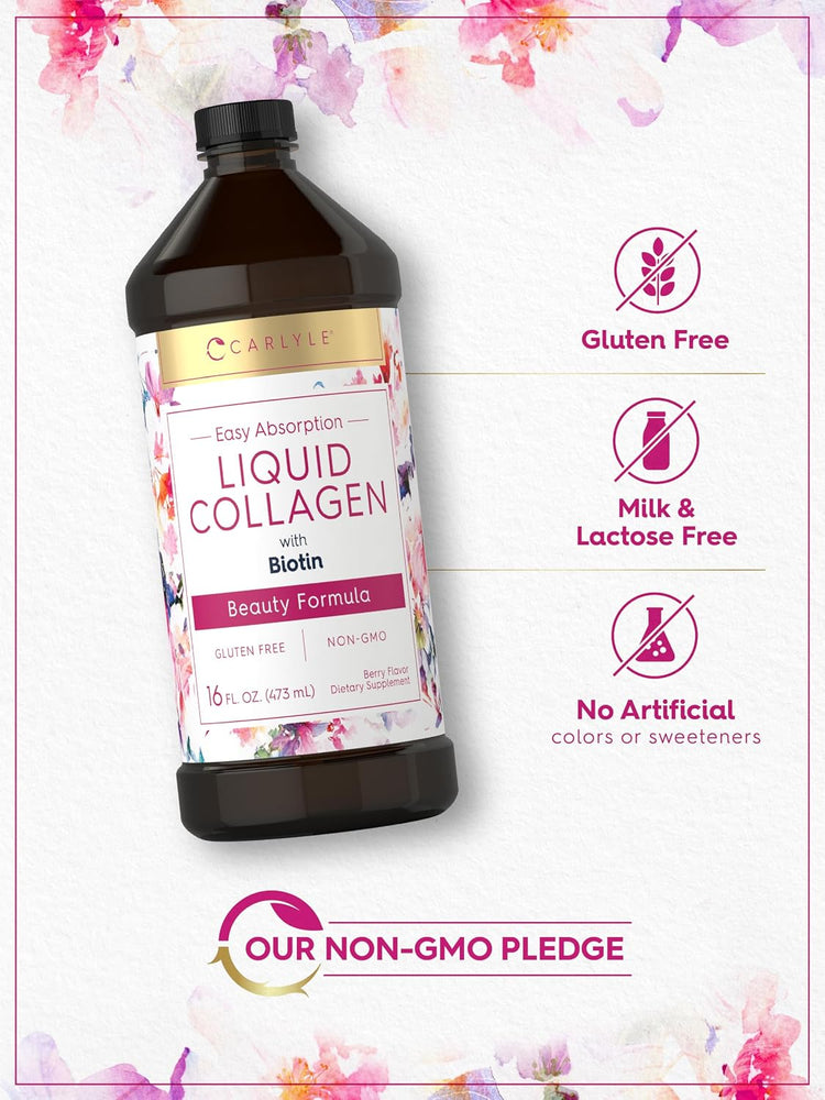 Liquid Collagen bottle with icons indicating gluten-free, milk and lactose-free, no artificial colors or sweeteners, non-GMO.