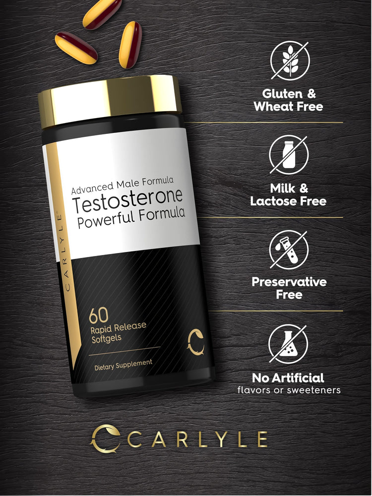Testosterone Power bottle with icons indicating gluten, wheat, milk, lactose, and preservative free; no artificial flavors or sweeteners.