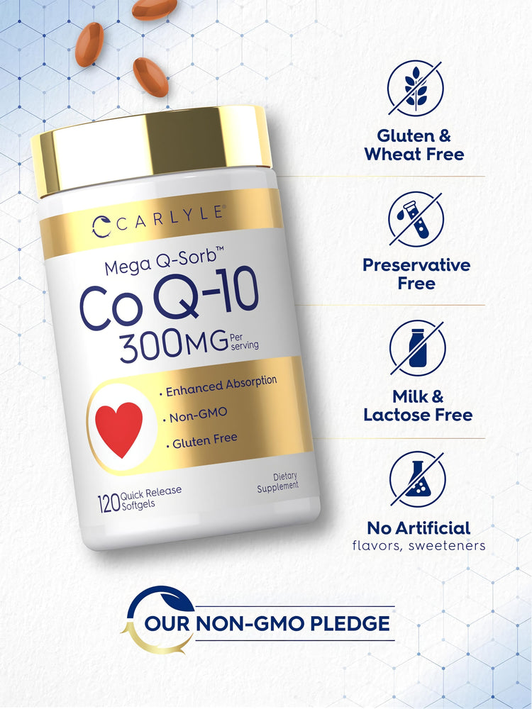 Carlyle Mega Q-Sorb Co Q-10, 300MG per serving, 120 quick release softgels bottle.