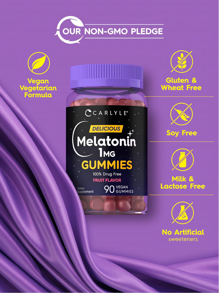 Melatonin Gummies bottle with icons indicating Non-GMO, Vegan, Vegetarian, Gluten-Free, Soy-Free, and No Artificial Sweeteners.