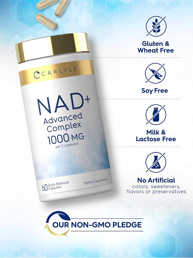 NAD+ Complex bottle with icons indicating gluten, wheat, soy, milk, lactose free, no artificial additives, and non-GMO.