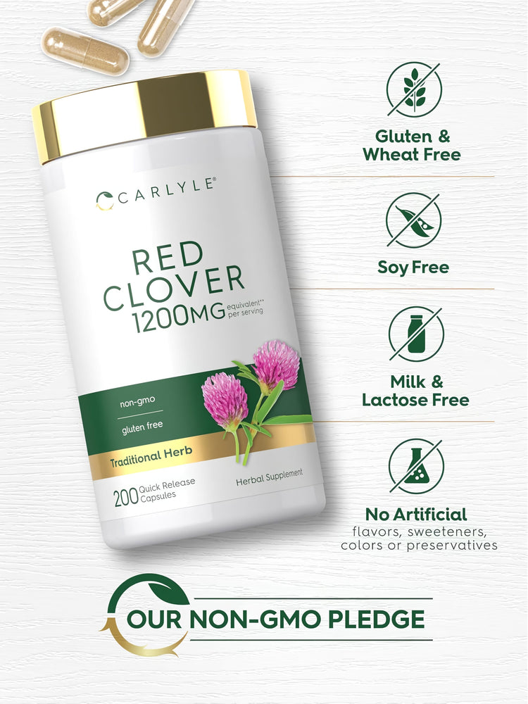 Red Clover bottle with icons indicating Gluten & Wheat Free, Soy Free, Milk & Lactose Free, No Artificial Flavors, Non-GMO.