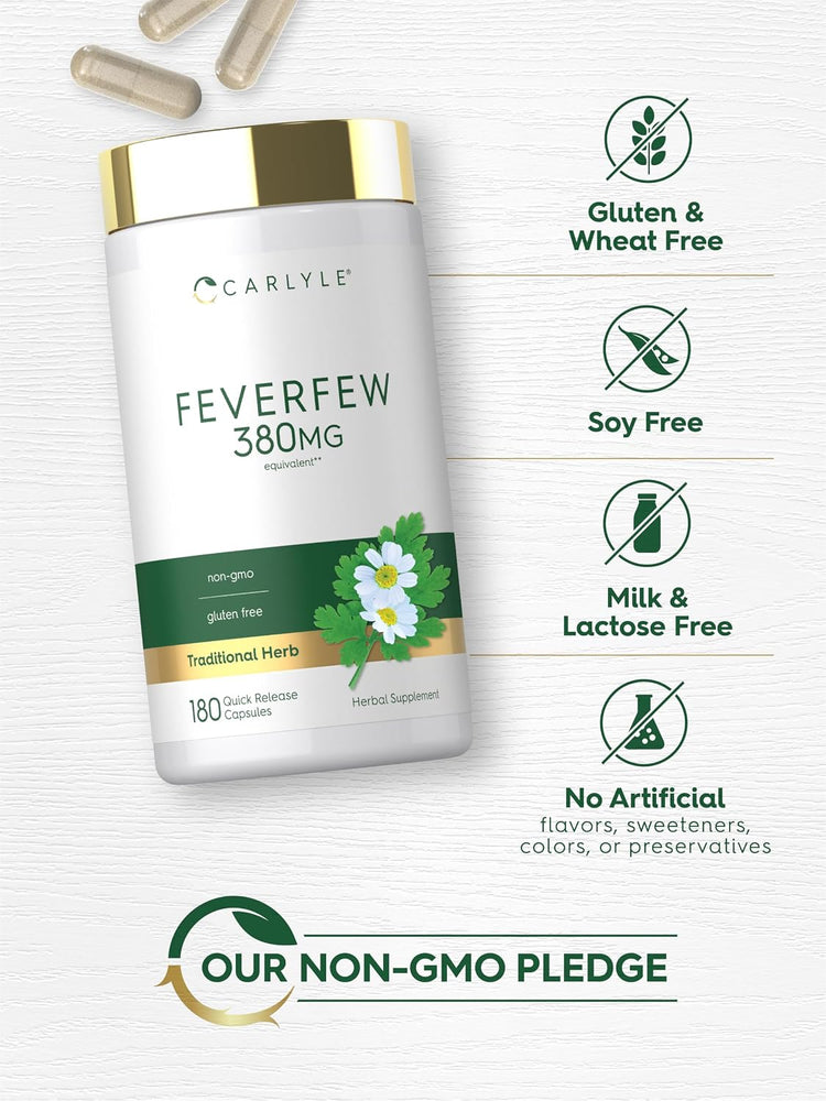 Feverfew bottle with icons indicating Gluten & Wheat Free, Soy Free, Milk & Lactose Free, Non-GMO, and no artificial additives.