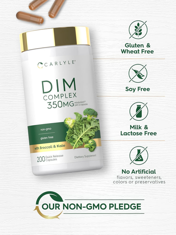Carlyle DIM Complex 350mg per 2 capsules, non-GMO, gluten free, with broccoli and kale, 200 quick release capsules.